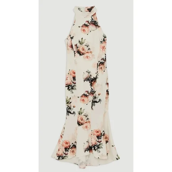 Karen Millen NWT Satin Crepe Peony Waterfall Hem High Neck Dress Size 8