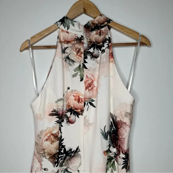 Karen Millen NWT Satin Crepe Peony Waterfall Hem High Neck Dress Size 8