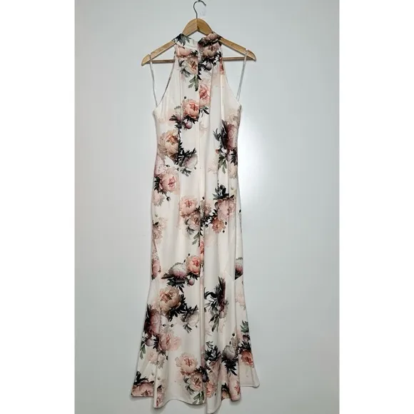 Karen Millen NWT Satin Crepe Peony Waterfall Hem High Neck Dress Size 8