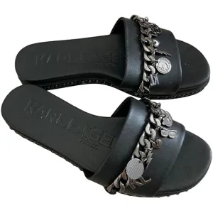 ☆Karl Lagerfeld Basia Charm Slide Sandal Slip-On Black Chain Flats Sandals☆