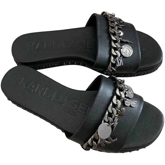 ☆Karl Lagerfeld Basia Charm Slide Sandal Slip-On Black Chain Flats Sandals☆