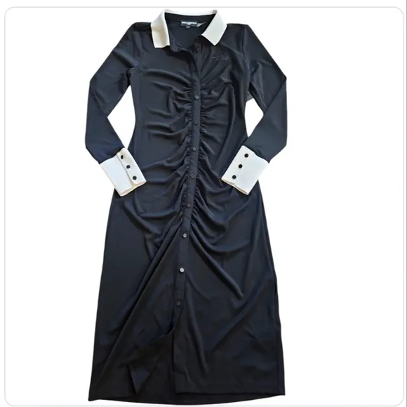 KARL LAGERFELD PARIS Contrast Trim Button Up Long Sleeve Pull On Midi Dress