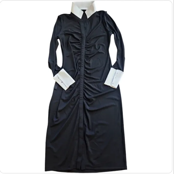 KARL LAGERFELD PARIS Contrast Trim Button Up Long Sleeve Pull On Midi Dress