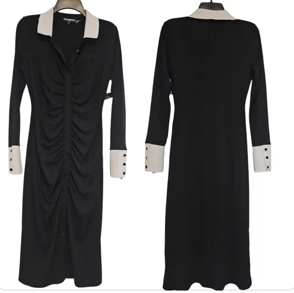 KARL LAGERFELD PARIS Contrast Trim Button Up Long Sleeve Pull On Midi Dress