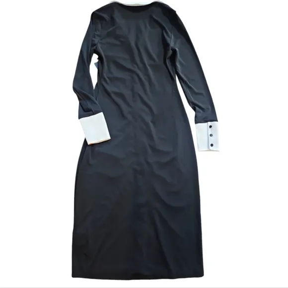 KARL LAGERFELD PARIS Contrast Trim Button Up Long Sleeve Pull On Midi Dress