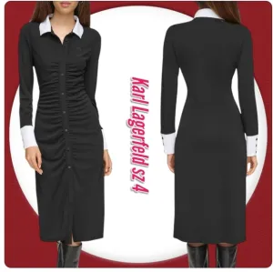 KARL LAGERFELD PARIS Contrast Trim Button Up Long Sleeve Pull On Midi Dress