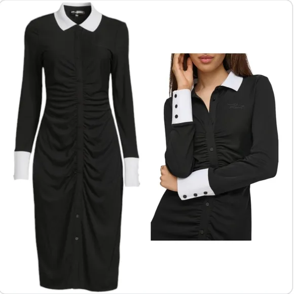 KARL LAGERFELD PARIS Contrast Trim Button Up Long Sleeve Pull On Midi Dress