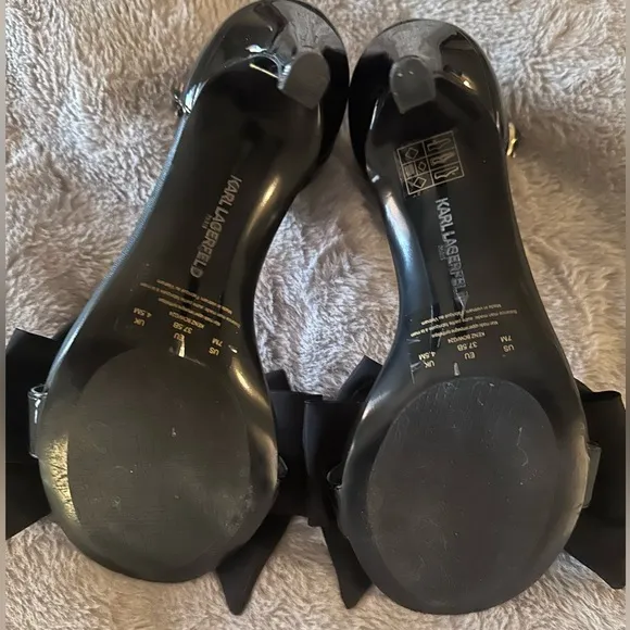 KARL LAGERFELD PARIS Designer Dressy Black Sandals With Bows and 4in Heels Sz 7