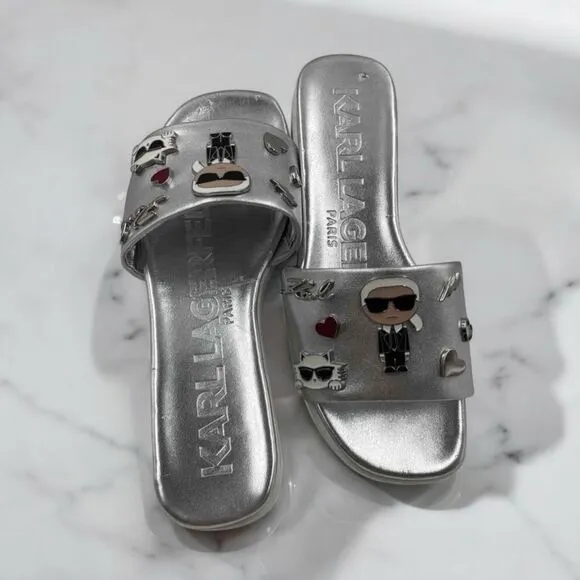 Karl Lagerfeld Paris Women's Jeslyn Embellished Slide Sandals Silver 6.5