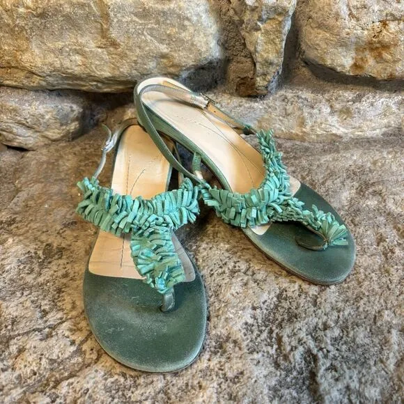 KATE SPADE Boistero T-Strap Suede Aqua Fringe Sandals Heel Shoes Thongs 7.5 $295