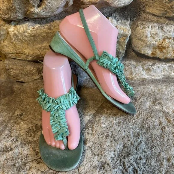 KATE SPADE Boistero T-Strap Suede Aqua Fringe Sandals Heel Shoes Thongs 7.5 $295
