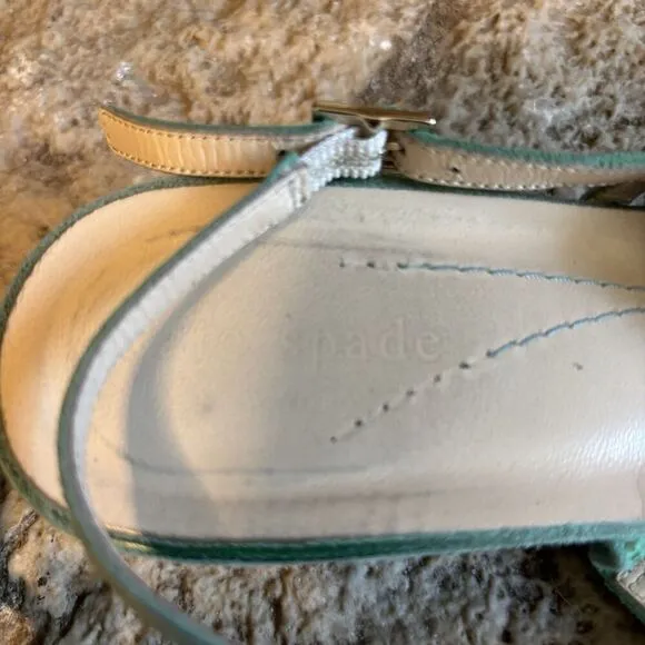 KATE SPADE Boistero T-Strap Suede Aqua Fringe Sandals Heel Shoes Thongs 7.5 $295