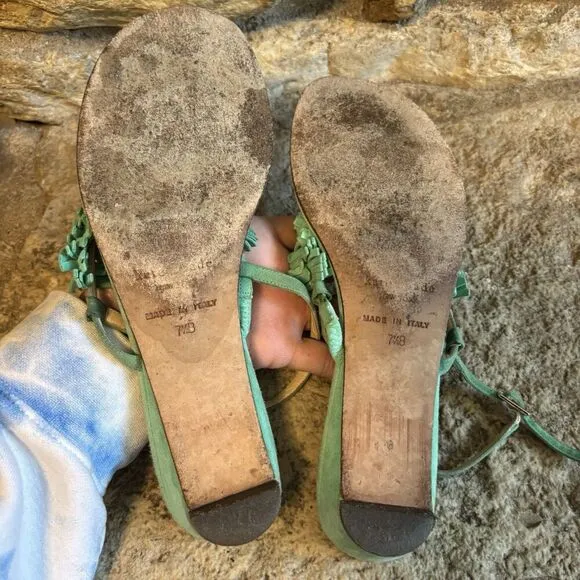 KATE SPADE Boistero T-Strap Suede Aqua Fringe Sandals Heel Shoes Thongs 7.5 $295