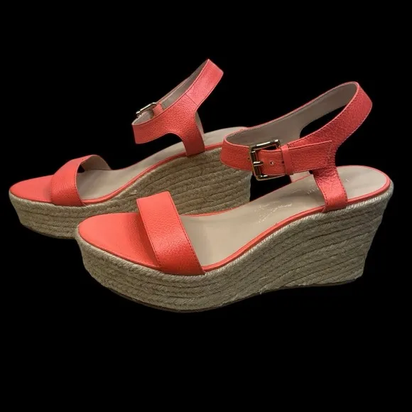 Kate Spade Espadrille Wedge Sandals In Coral Pop Womens 9.5 Tumbled Leather