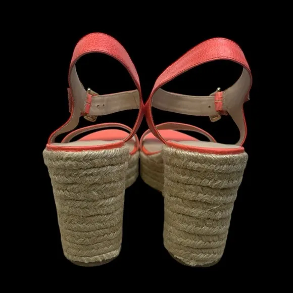 Kate Spade Espadrille Wedge Sandals In Coral Pop Womens 9.5 Tumbled Leather