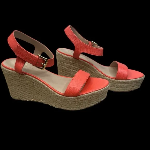 Kate Spade Espadrille Wedge Sandals In Coral Pop Womens 9.5 Tumbled Leather