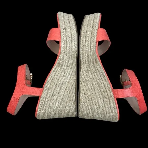 Kate Spade Espadrille Wedge Sandals In Coral Pop Womens 9.5 Tumbled Leather