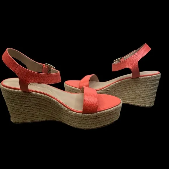 Kate Spade Espadrille Wedge Sandals In Coral Pop Womens 9.5 Tumbled Leather