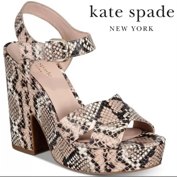 Kate Spade Grace Leather Snake Nude Black Animal Print Platform Sandal Size 8