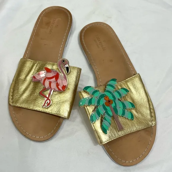 Kate Spade Izele Slide Sandals Flamingo and Palm Tree Size 10