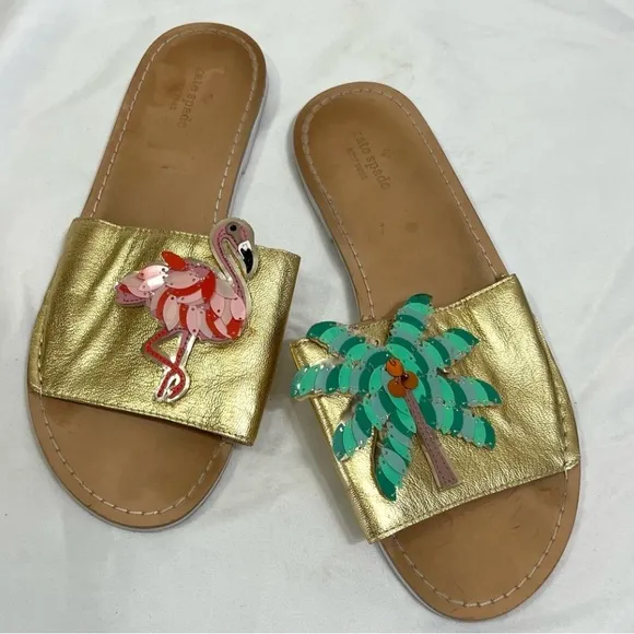 Kate Spade Izele Slide Sandals Flamingo and Palm Tree Size 10