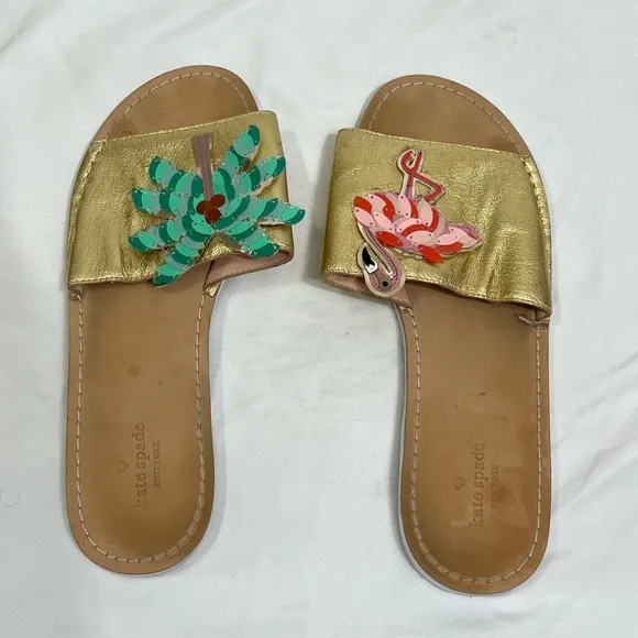 Kate Spade Izele Slide Sandals Flamingo and Palm Tree Size 10