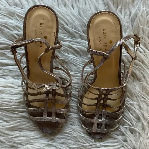 Kate Spade Metallic Silver Crackle Leather Strappy Cage Slingback Sandal Heel 8