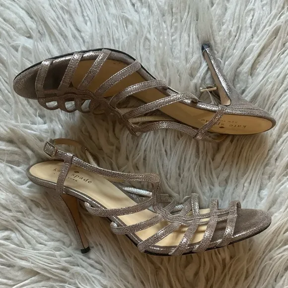 Kate Spade Metallic Silver Crackle Leather Strappy Cage Slingback Sandal Heel 8