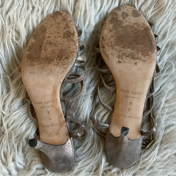 Kate Spade Metallic Silver Crackle Leather Strappy Cage Slingback Sandal Heel 8