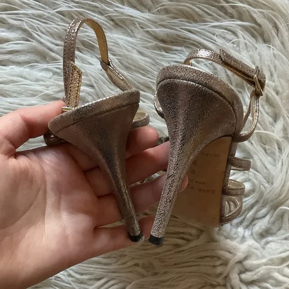 Kate Spade Metallic Silver Crackle Leather Strappy Cage Slingback Sandal Heel 8