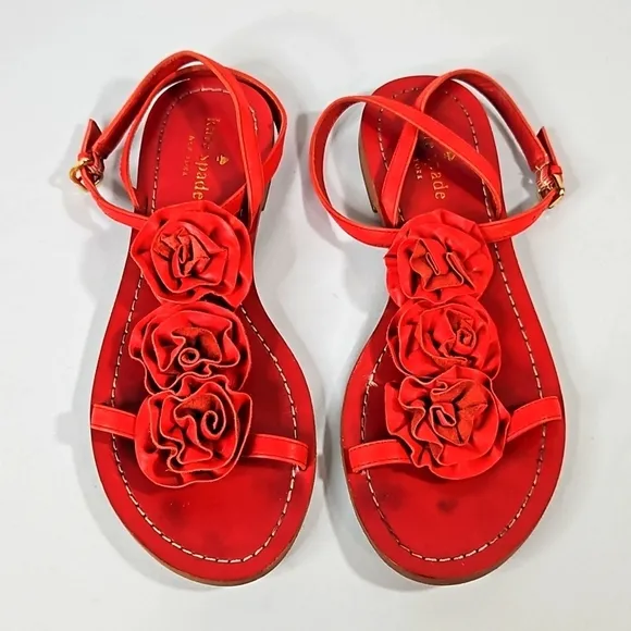 KATE SPADE New York Flowered T-Strap Red Leather Sandals Sz 7