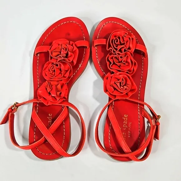 KATE SPADE New York Flowered T-Strap Red Leather Sandals Sz 7