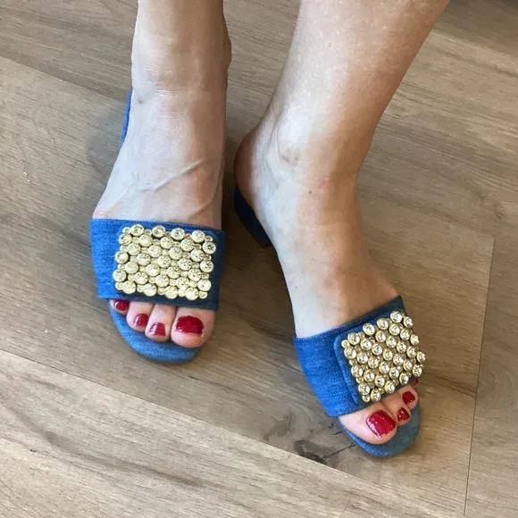 Kate Spade New York Mazie Denim Italian Leather Slide Sandals Womens Sz 6.5 NEW