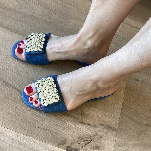 Kate Spade New York Mazie Denim Italian Leather Slide Sandals Womens Sz 6.5 NEW