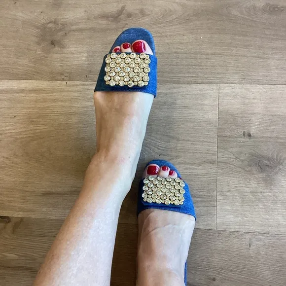 Kate Spade New York Mazie Denim Italian Leather Slide Sandals Womens Sz 6.5 NEW