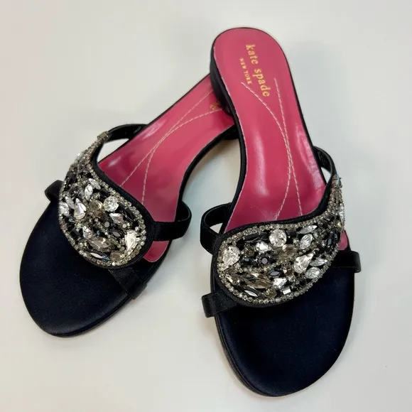 Kate Spade Sandal Heels Jeweled Rhinestones Embellished Black Italy Women Size 6