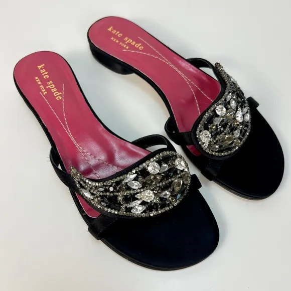 Kate Spade Sandal Heels Jeweled Rhinestones Embellished Black Italy Women Size 6