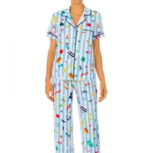 kate spade S White Aqua Blue Vertical Stripe Beach Themed Top Crop Pants PJ Set