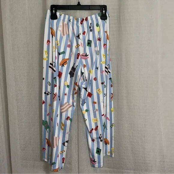 kate spade S White Aqua Blue Vertical Stripe Beach Themed Top Crop Pants PJ Set