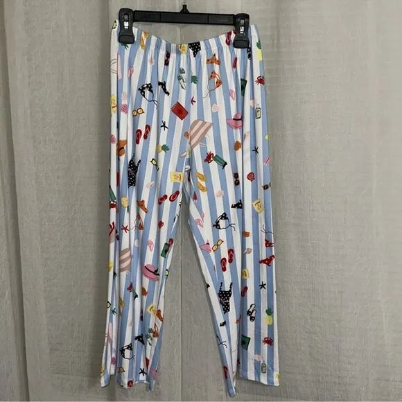 kate spade S White Aqua Blue Vertical Stripe Beach Themed Top Crop Pants PJ Set