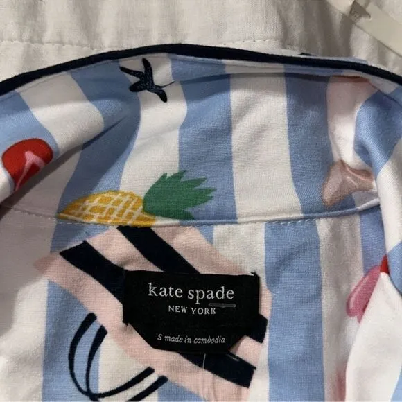 kate spade S White Aqua Blue Vertical Stripe Beach Themed Top Crop Pants PJ Set