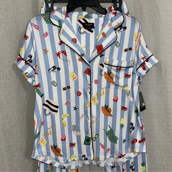 kate spade S White Aqua Blue Vertical Stripe Beach Themed Top Crop Pants PJ Set
