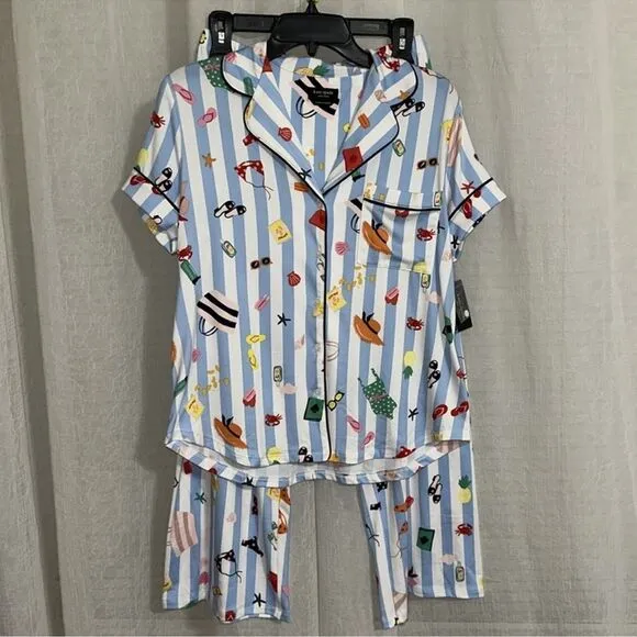 kate spade S White Aqua Blue Vertical Stripe Beach Themed Top Crop Pants PJ Set