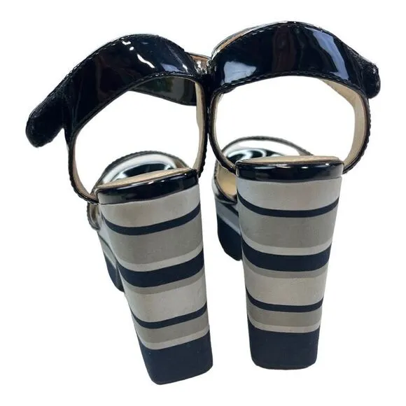 Katy Perry Heels Women's 6.5 Black The Shelby Striped Open Toe Slingback Sandals