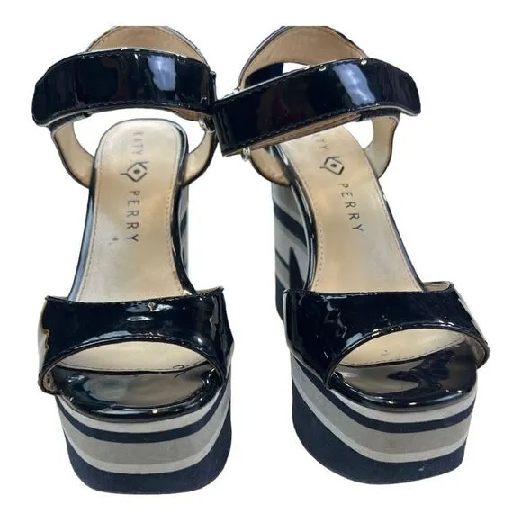 Katy Perry Heels Women's 6.5 Black The Shelby Striped Open Toe Slingback Sandals