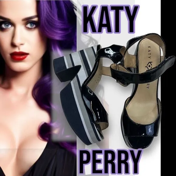 Katy Perry Heels Women's 6.5 Black The Shelby Striped Open Toe Slingback Sandals