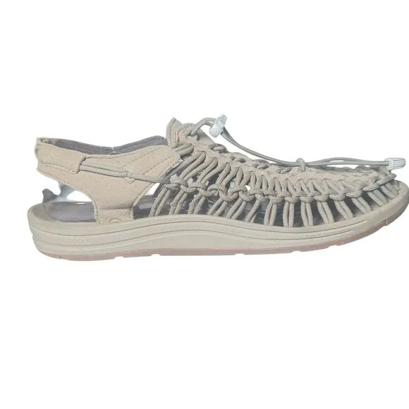 Keen Uneek Sandals Mens US 10 Gray Suede Walking Hiking Woven Bungee White Logo