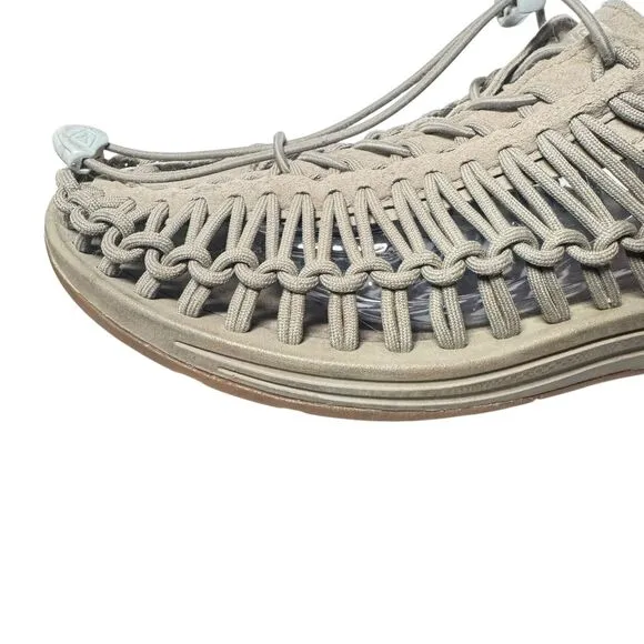 Keen Uneek Sandals Mens US 10 Gray Suede Walking Hiking Woven Bungee White Logo