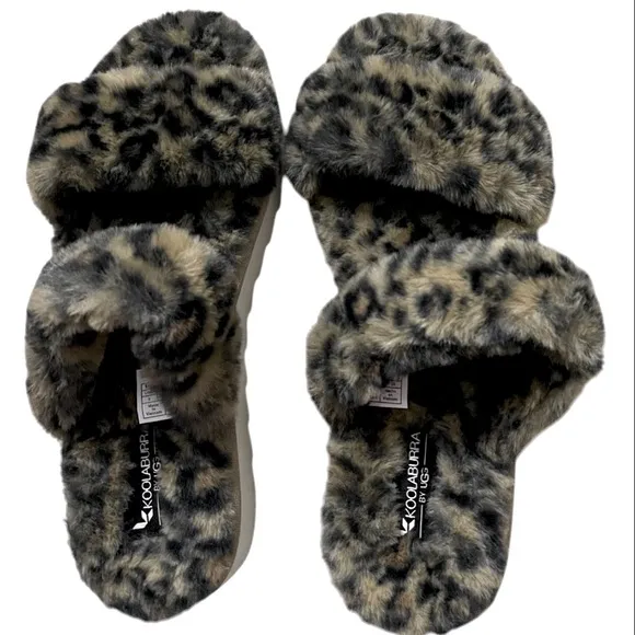 KOOLABURRA BY UGG SLIDE SANDALS FOR CHEETAH PRINT WOMENS FUZZY SIZE 10- NO BOX-