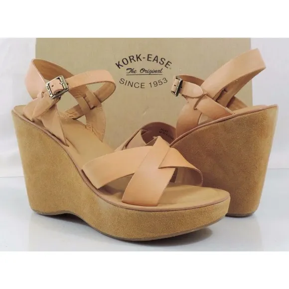 Kork Ease Bette Platform Wedge Heels Sandal Leather Natural Size 10